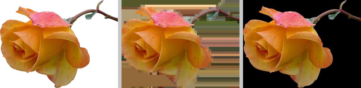 The same transparent WebP converted to JPG three ways: flattened onto white, alpha channel dropped showing smeared hidden pixels, and sharp's default black background