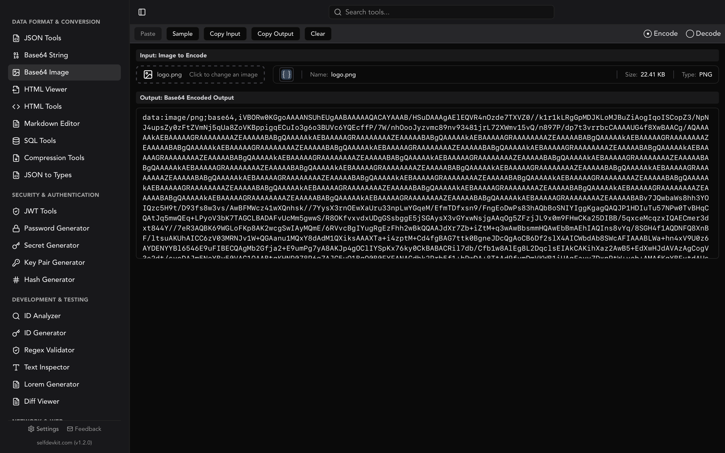 SelfDevKit base64 to image converter showing decode mode with image preview and one-click download
