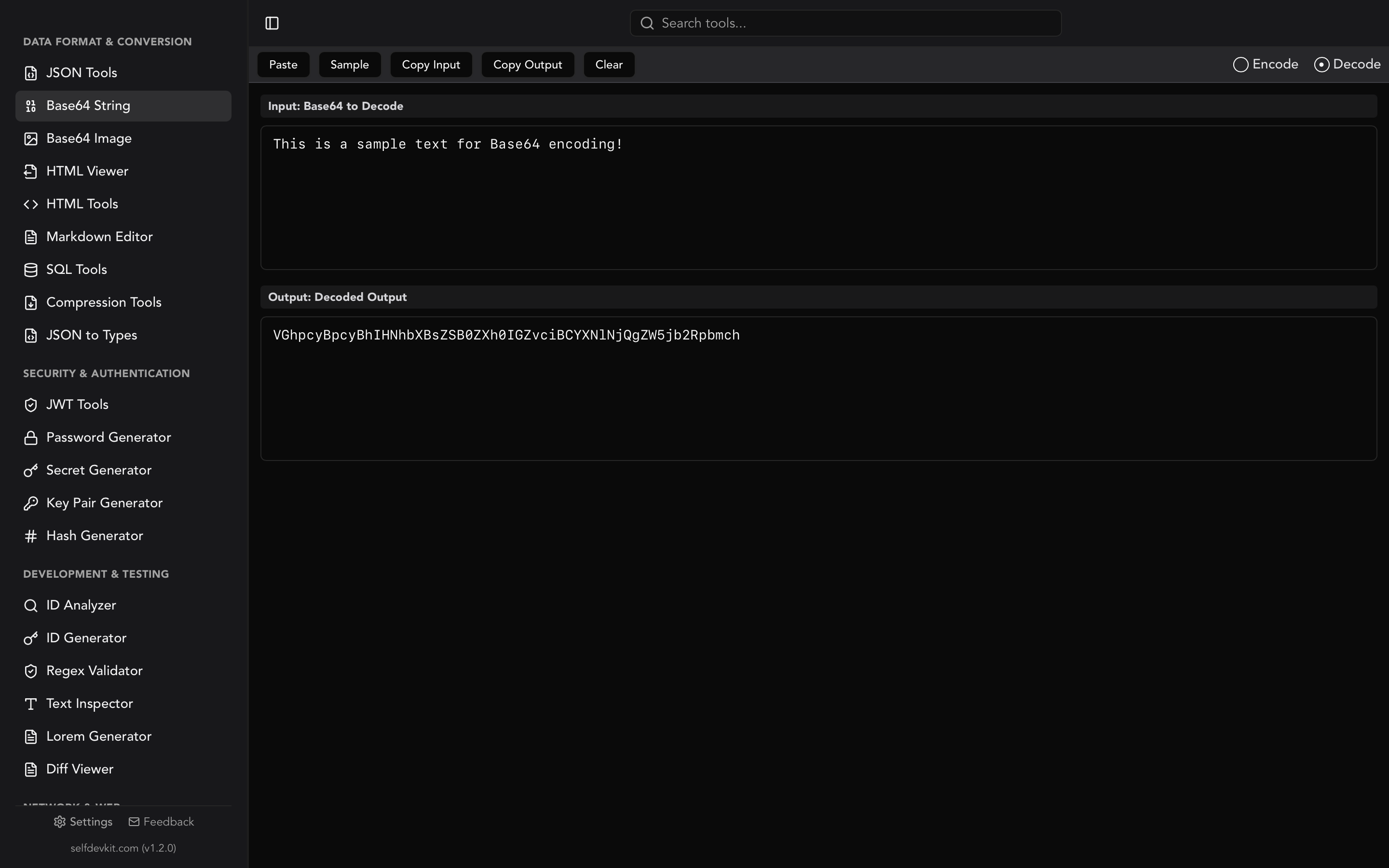 SelfDevKit Base64 String Tools showing real-time decode output with one-click copy