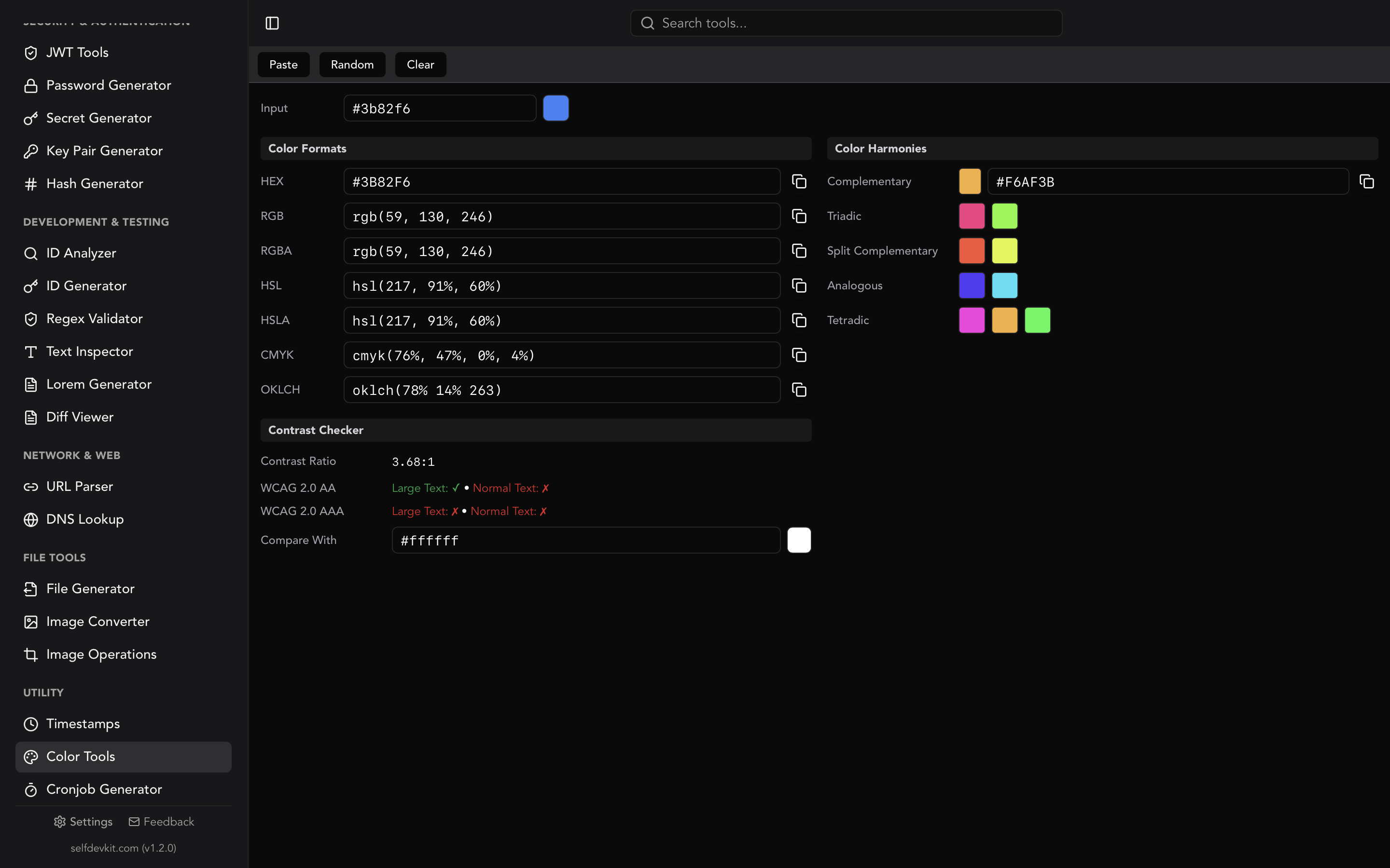 SelfDevKit hex color picker showing HEX, RGB, HSL conversions and WCAG contrast checker