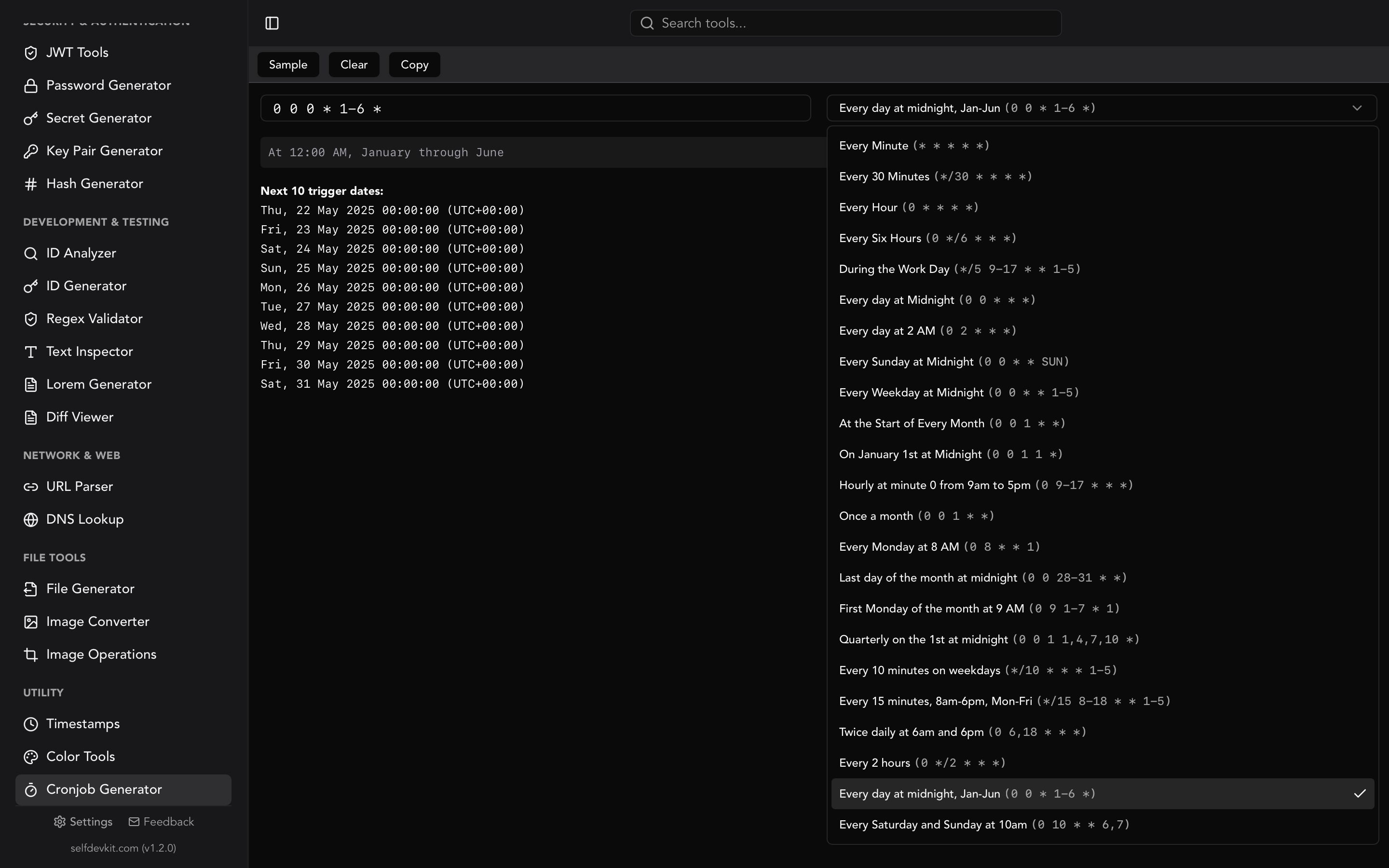 SelfDevKit crontab generator showing visual expression builder with next run time preview