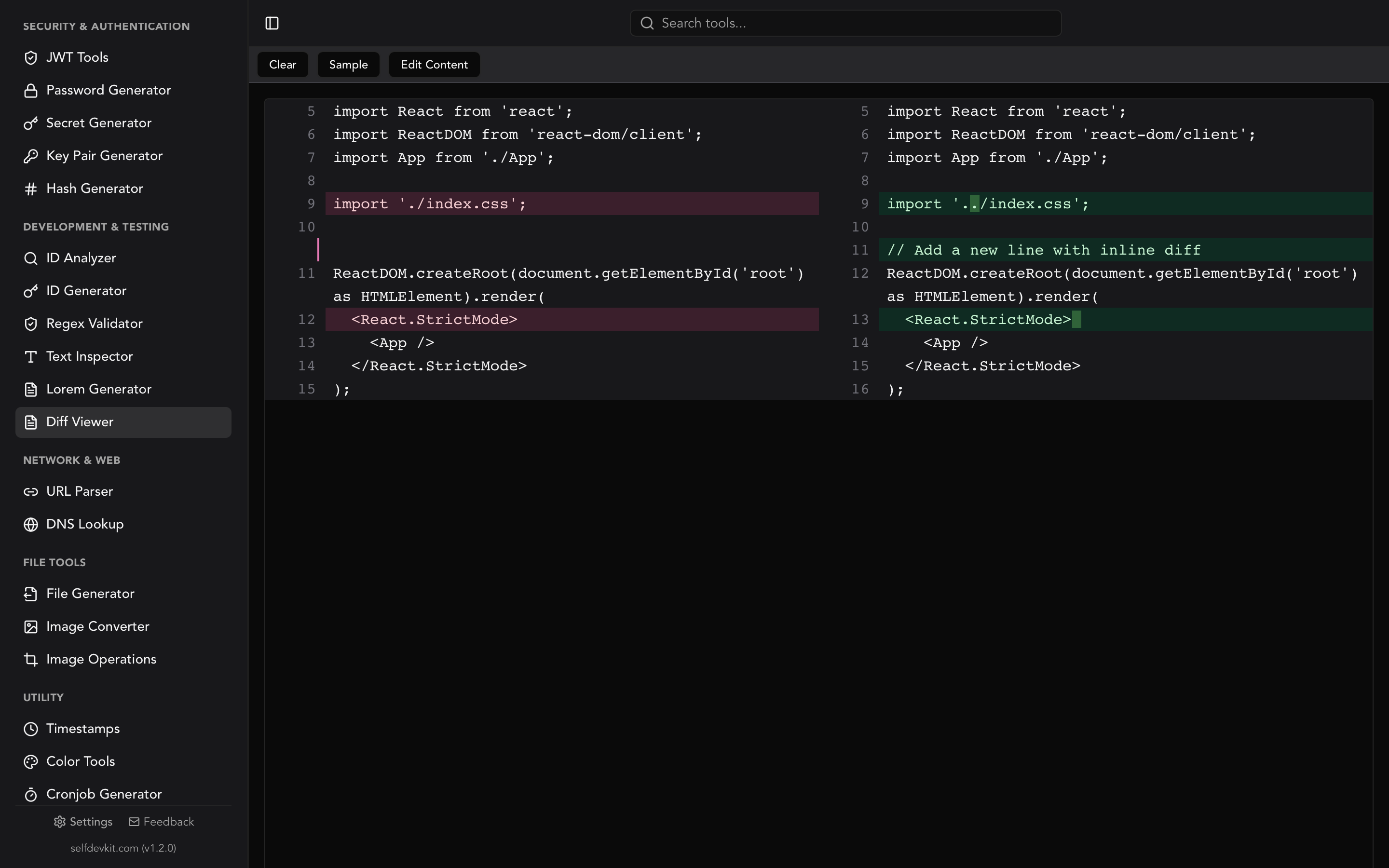 SelfDevKit diff viewer showing side-by-side code comparison with highlighted changes