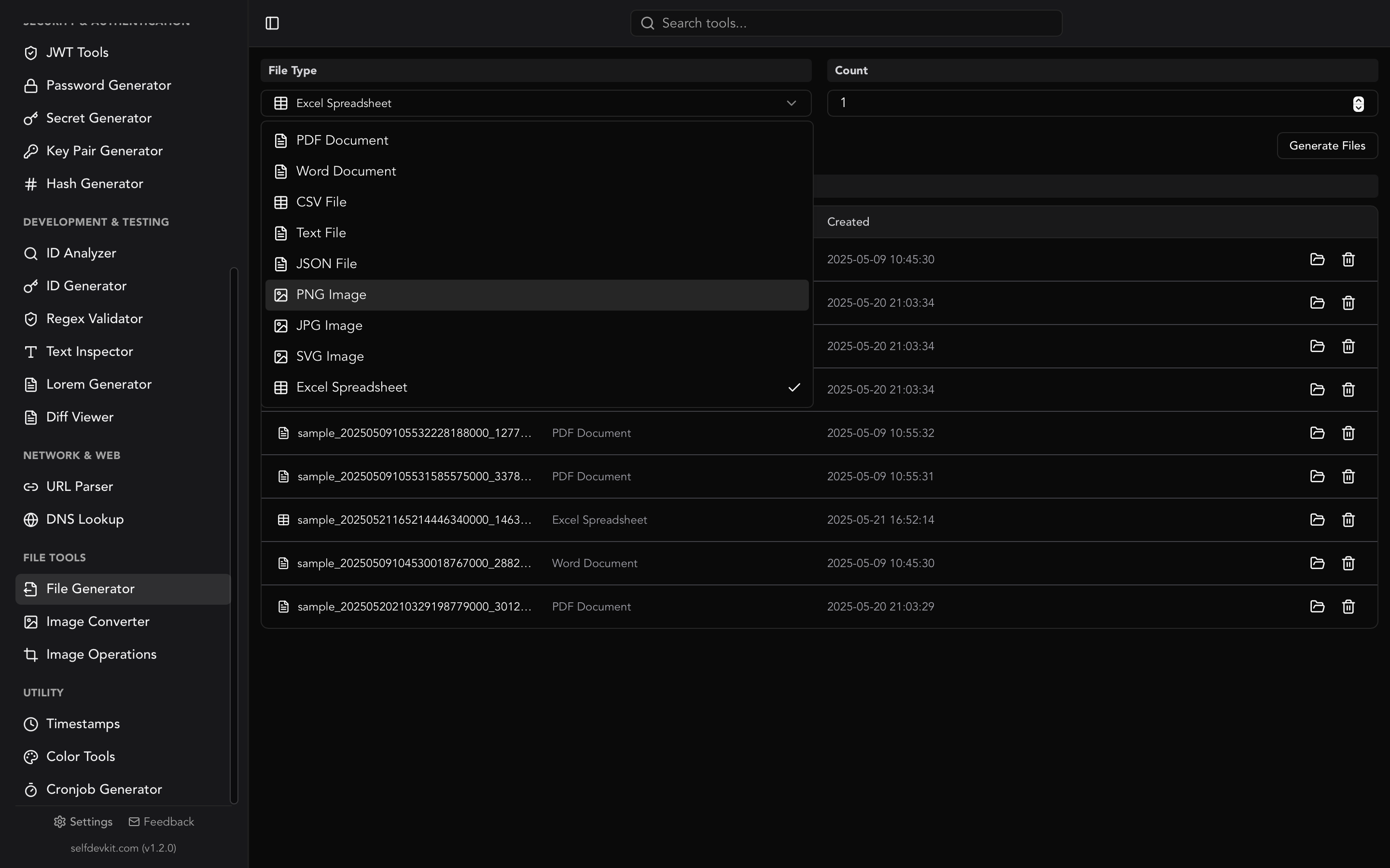 SelfDevKit File Generator creating sample PDF files offline for testing