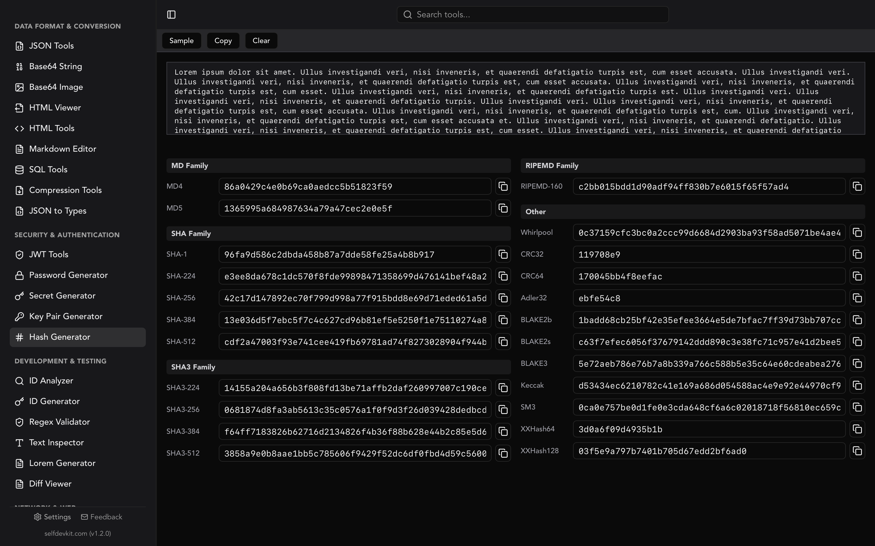 SelfDevKit hash generator producing a SHA-256 hash from text input offline