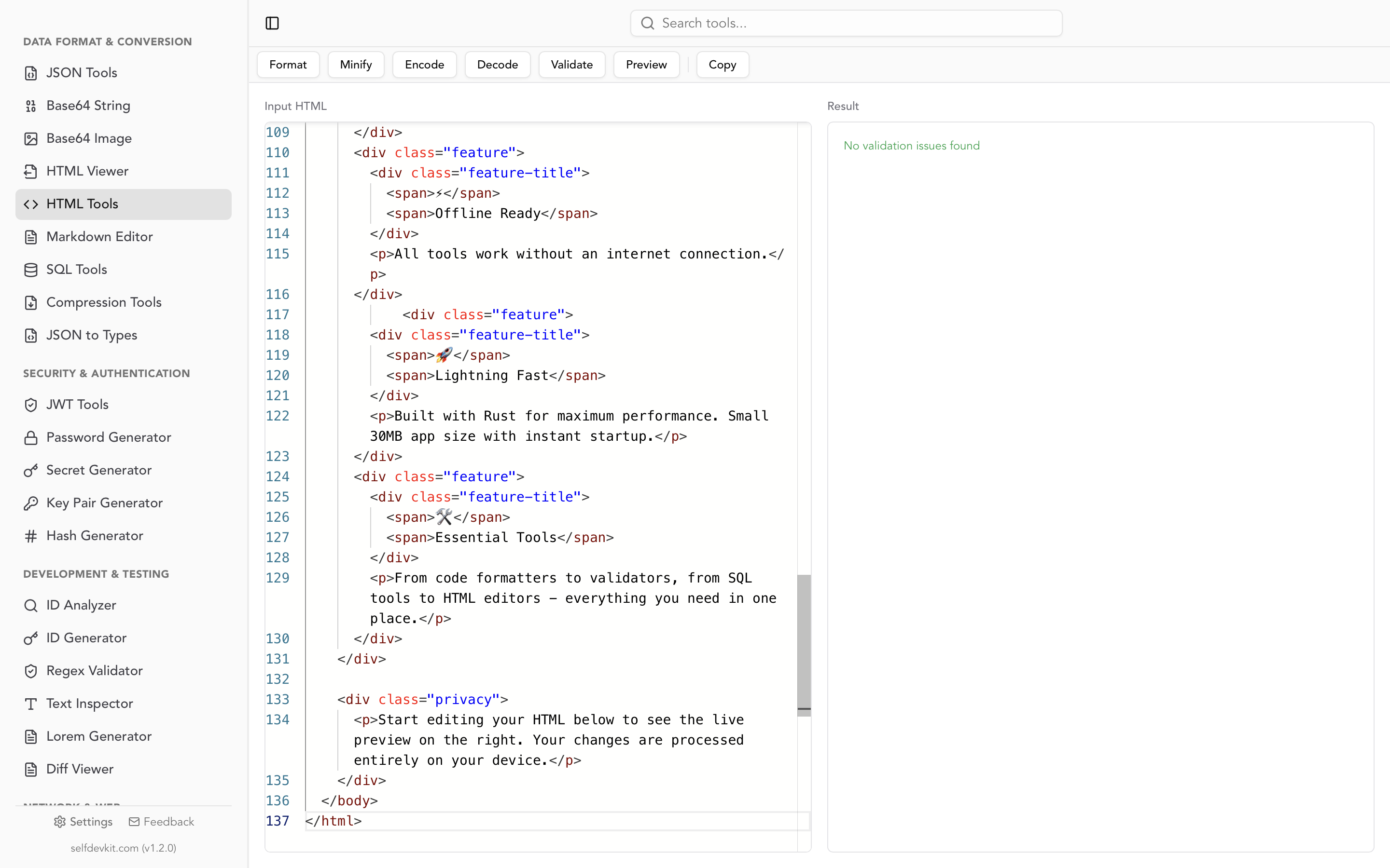 SelfDevKit HTML formatter with beautified markup and syntax highlighting