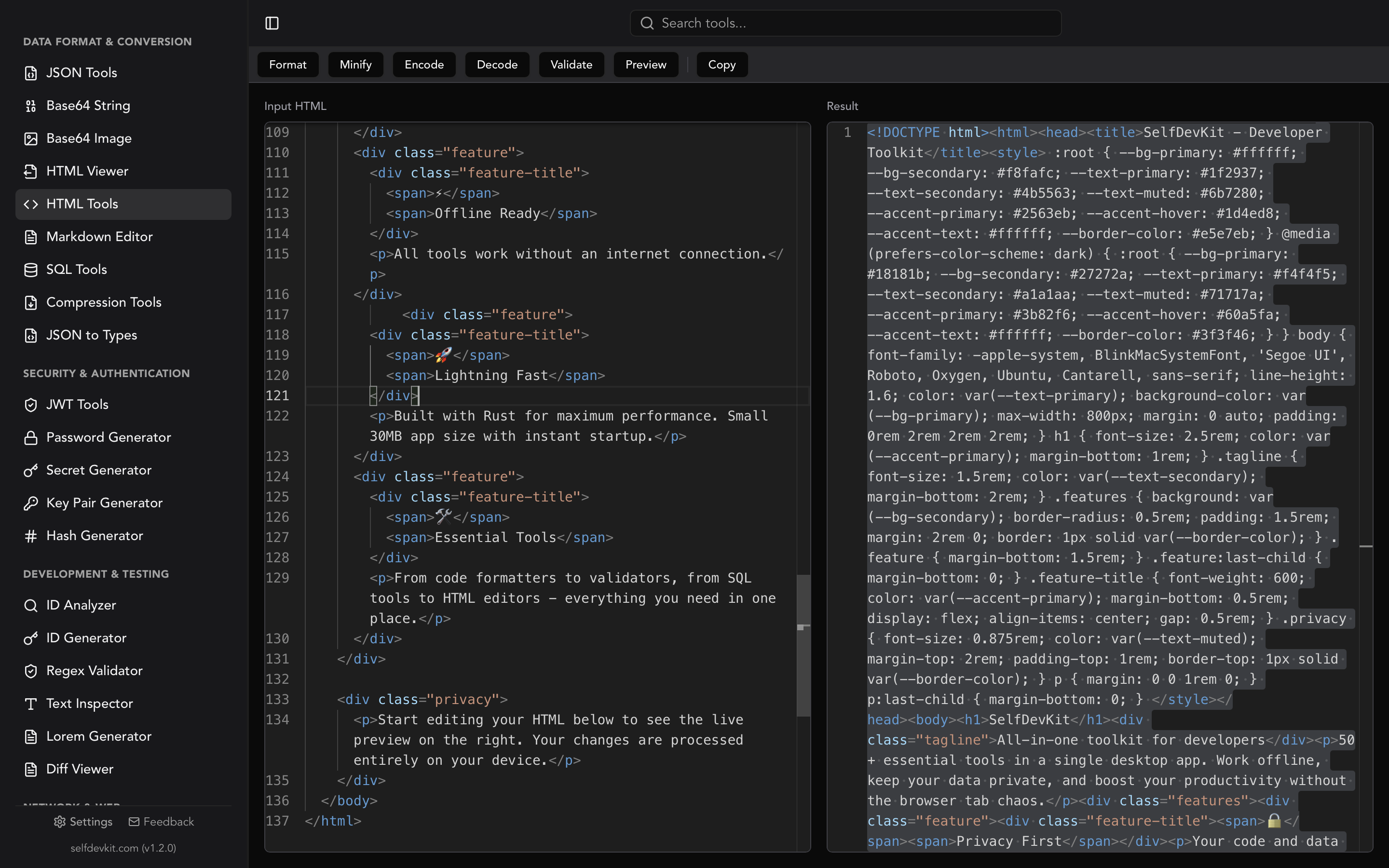 SelfDevKit HTML formatter showing beautified HTML with syntax highlighting and validation