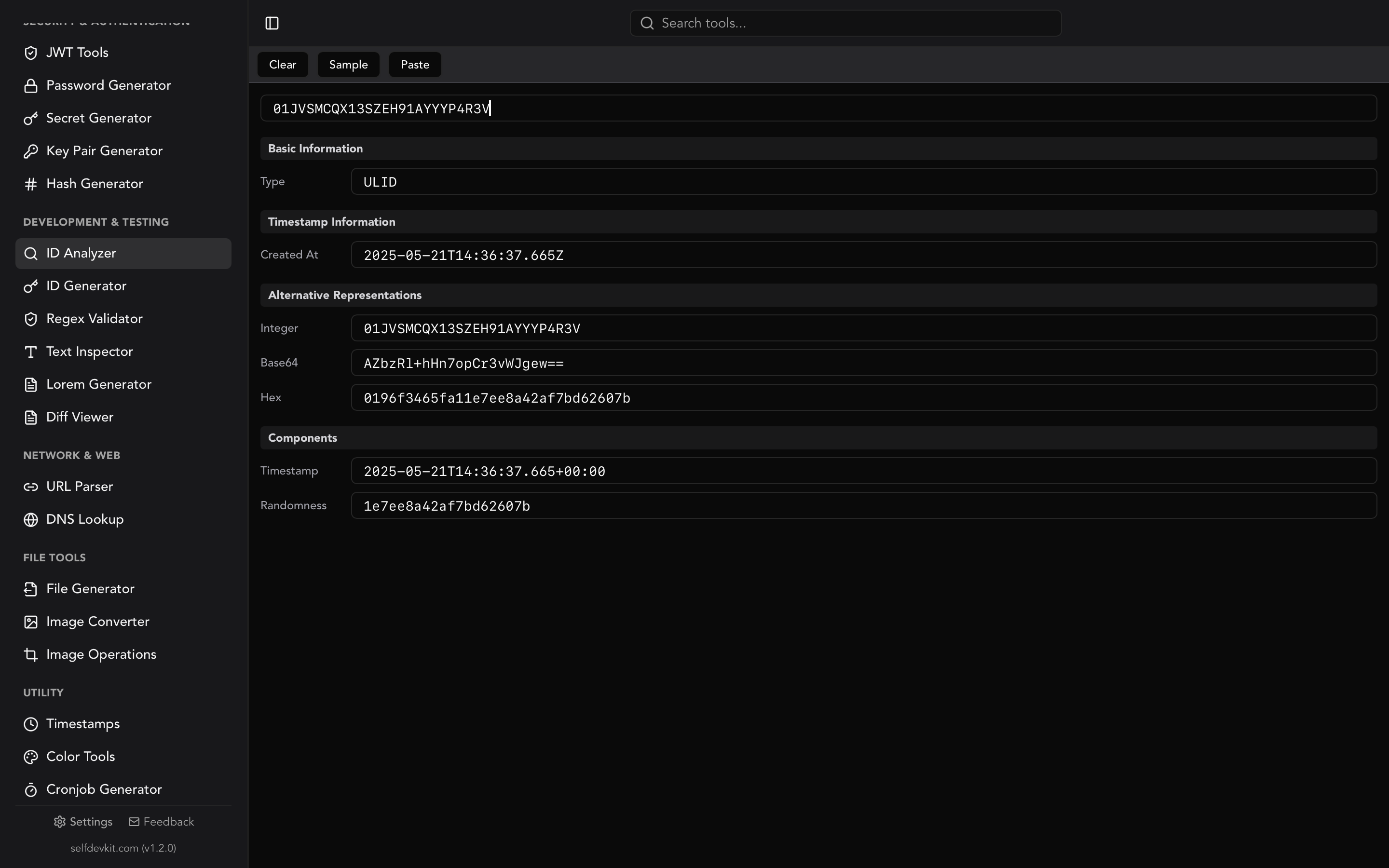 SelfDevKit ID Analyzer, which decodes ULIDs and UUIDs, showing an ID type with Base64 and hex output