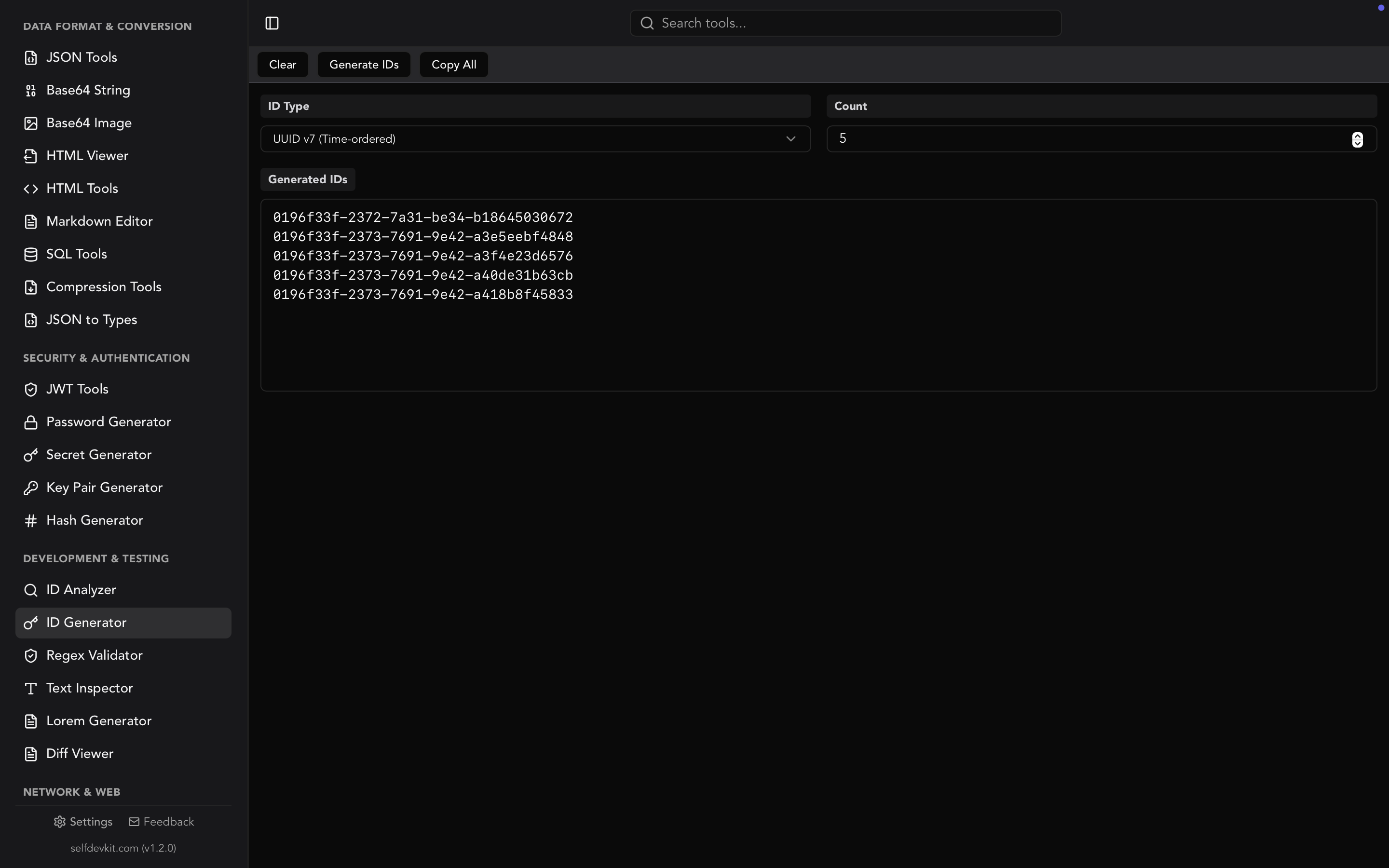 SelfDevKit ID generator showing UUID v4, v7, ULID, NanoID, and KSUID batch generation