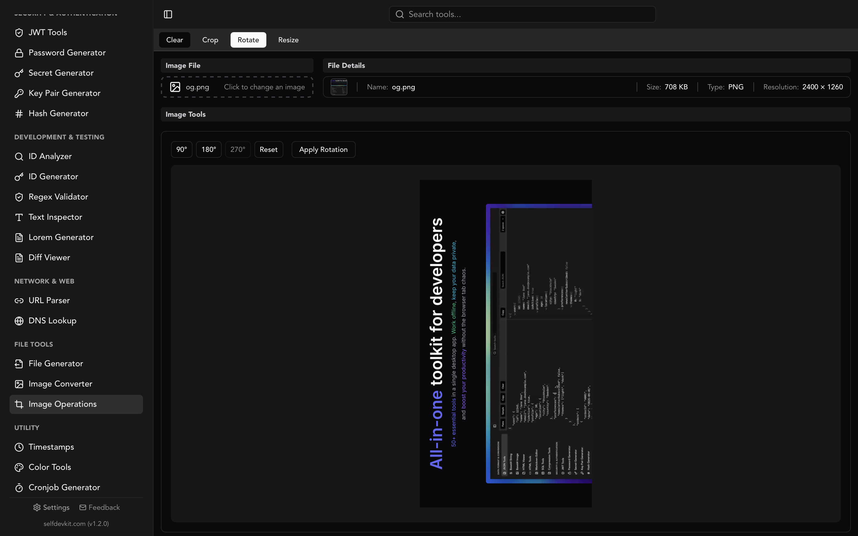 SelfDevKit image resizer showing width and height controls with aspect ratio lock and live preview