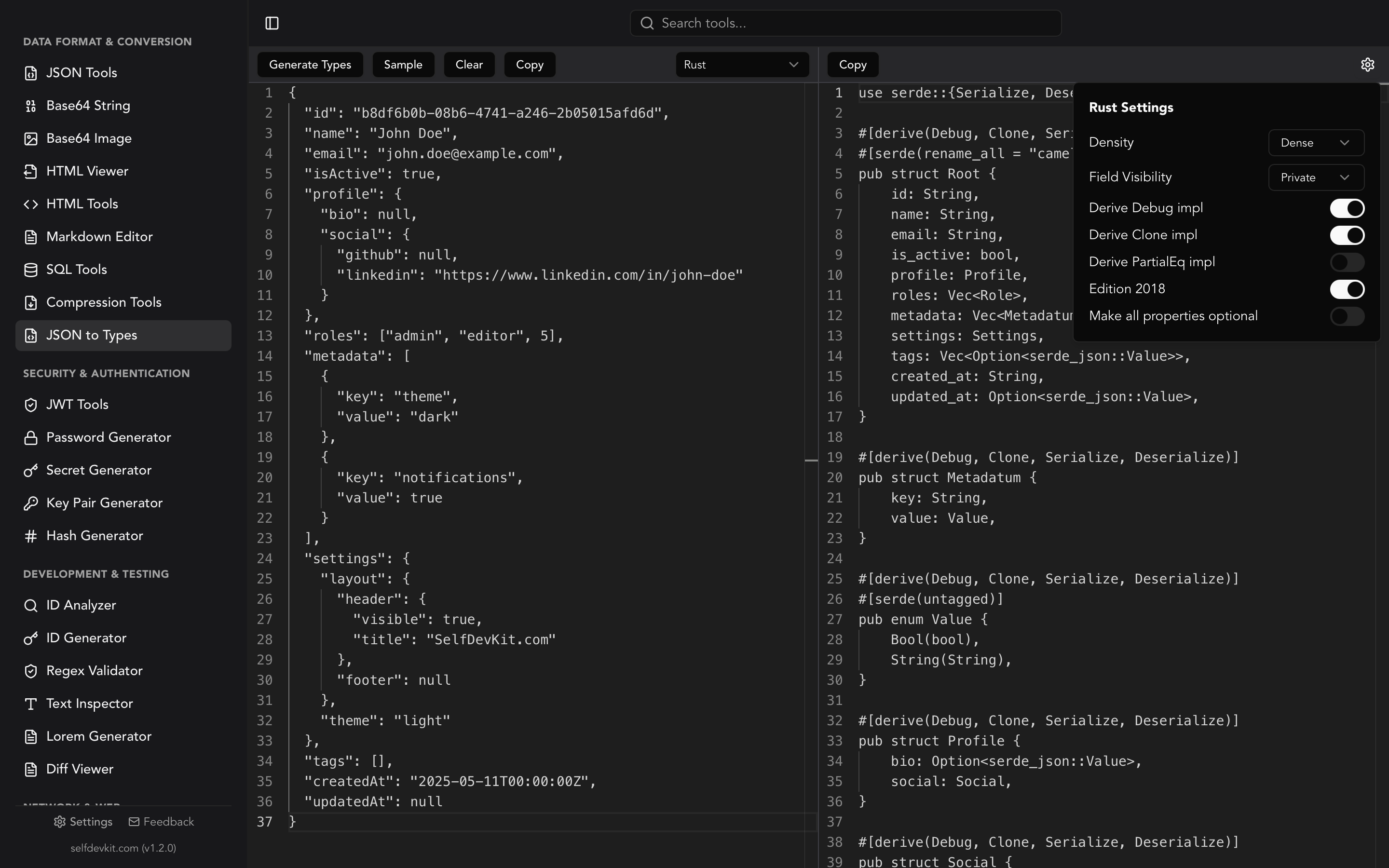 SelfDevKit JSON to Types tool showing generated TypeScript and other language type definitions from JSON input