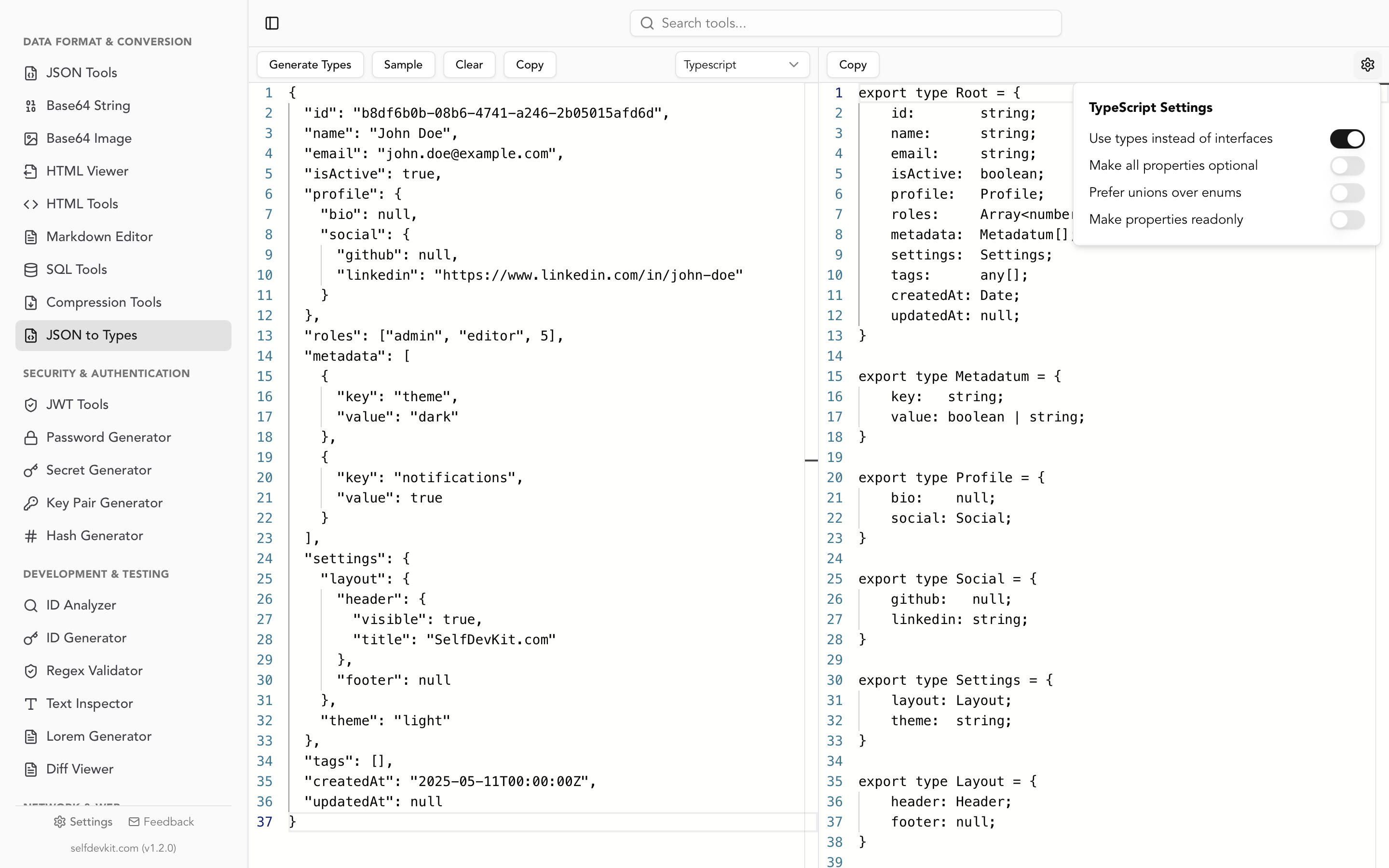 JSON to Types Light Mode