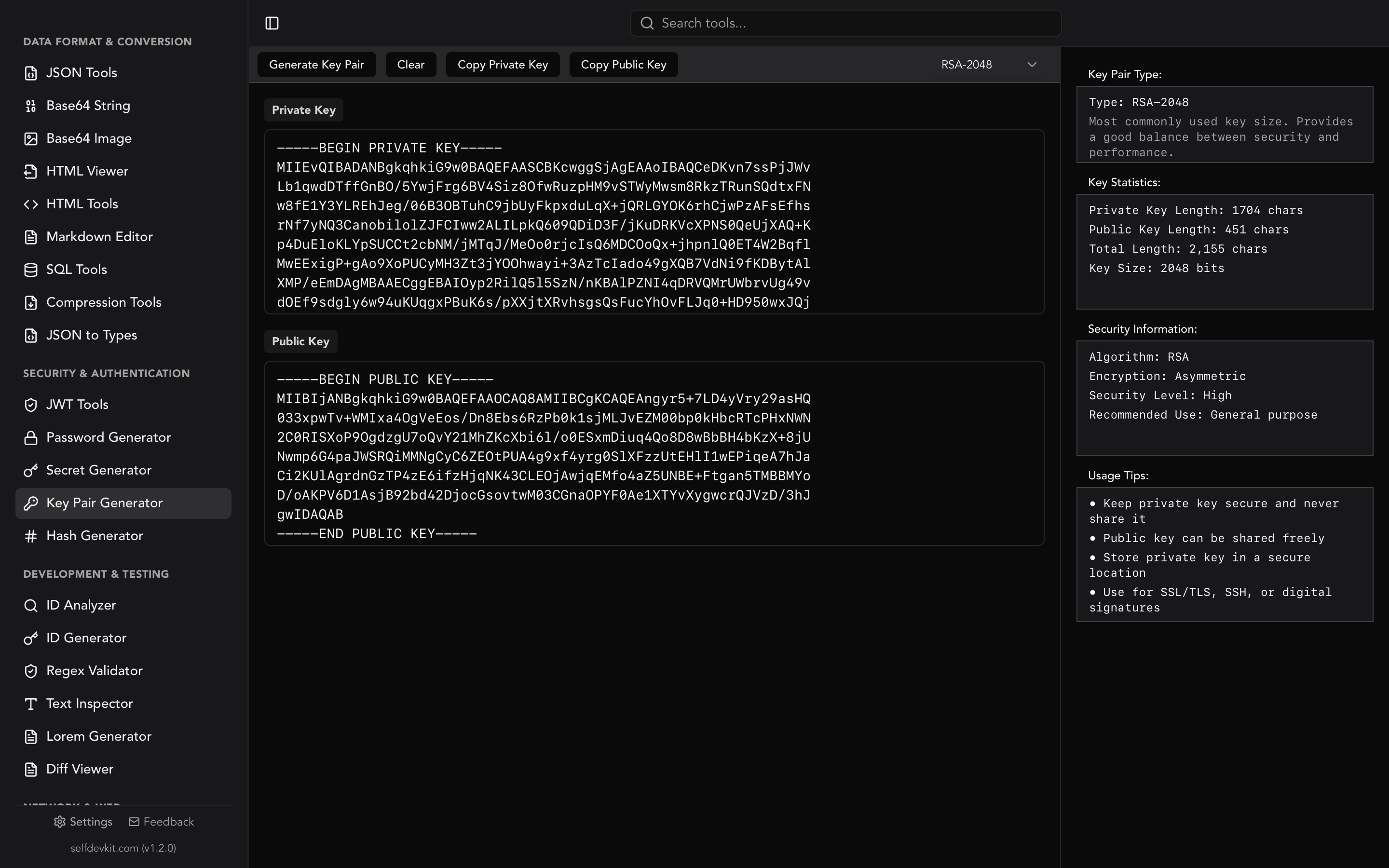 SelfDevKit RSA key generator showing a generated public and private key pair in PEM format with key size options
