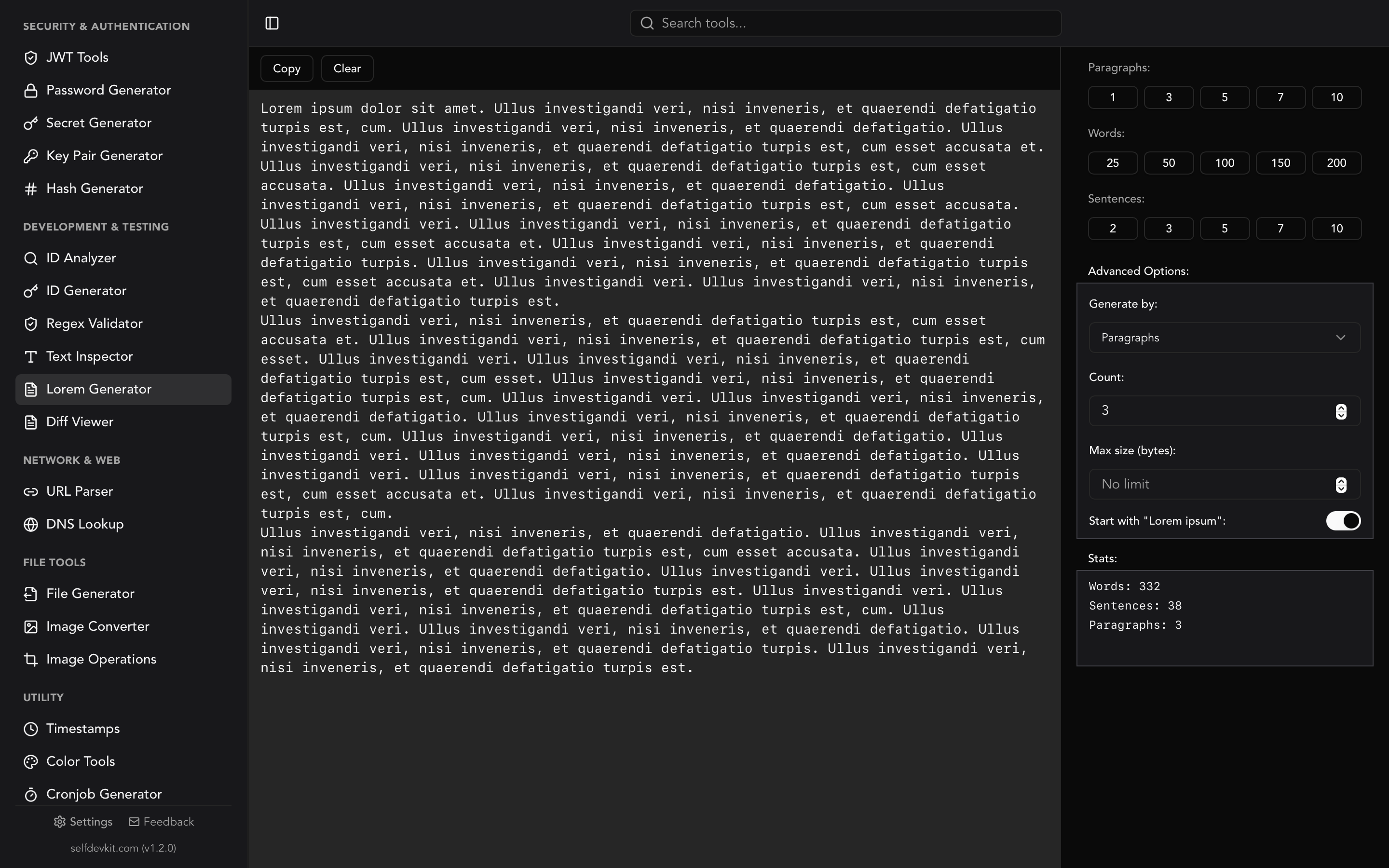 SelfDevKit lorem ipsum generator showing paragraph output with word count stats
