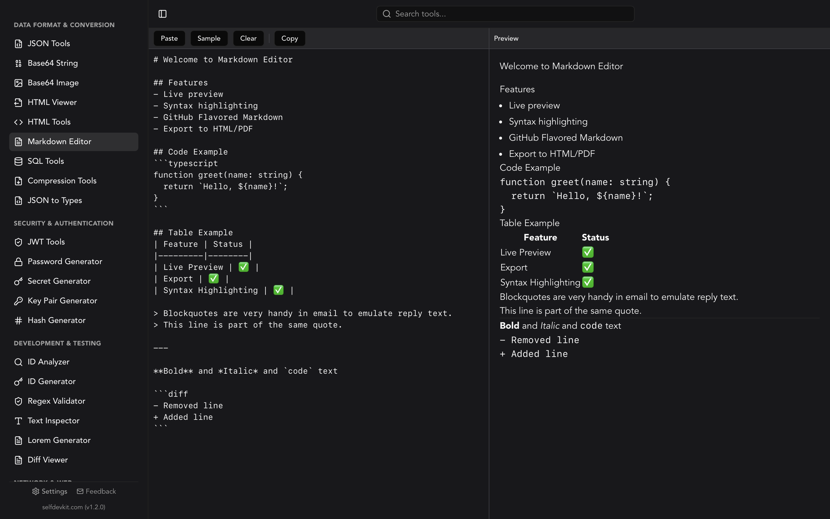 SelfDevKit markdown editor showing a split-pane markdown viewer with live rendered preview