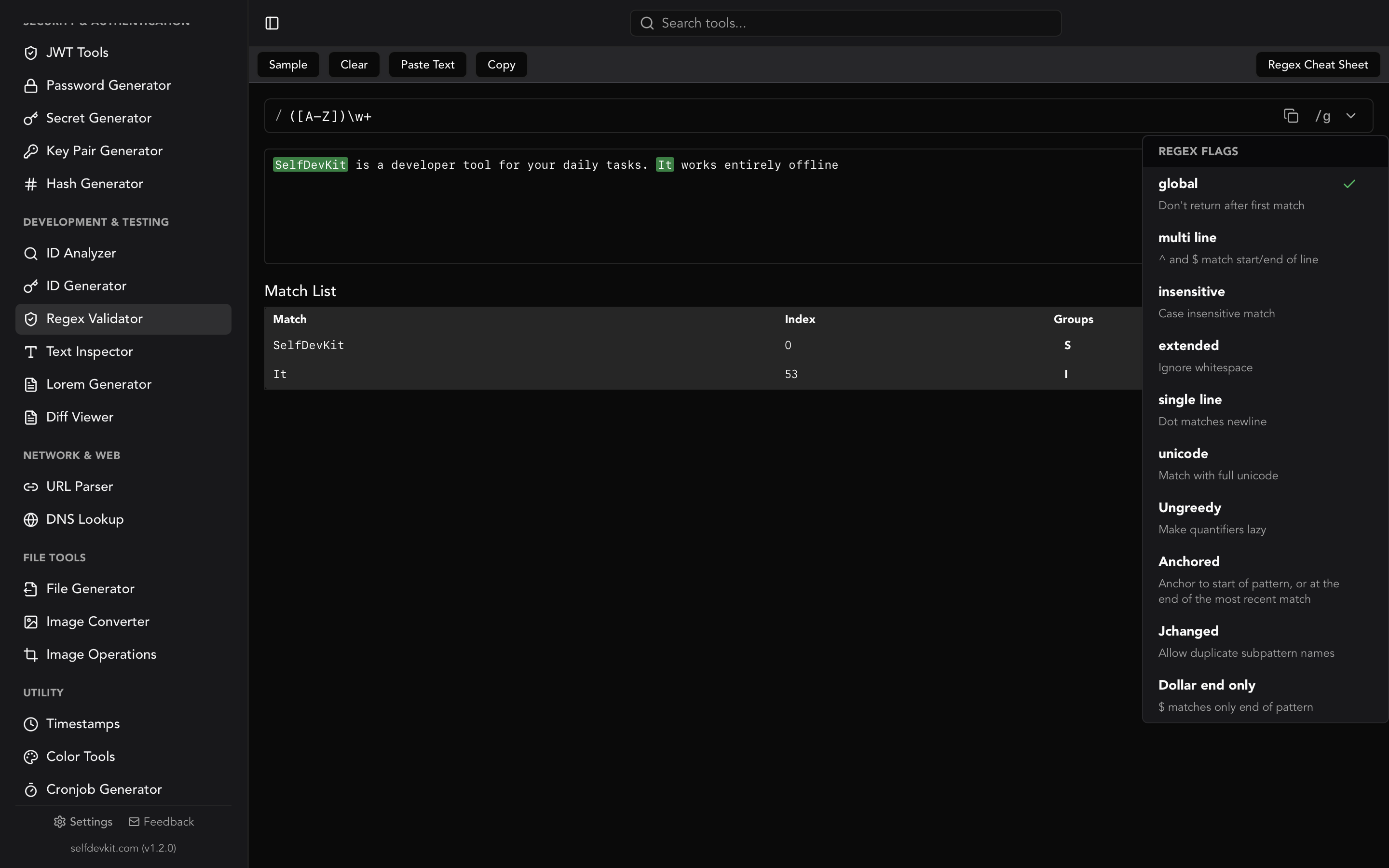 SelfDevKit Regex Validator showing a pattern tested against sample text with match highlighting and capture groups