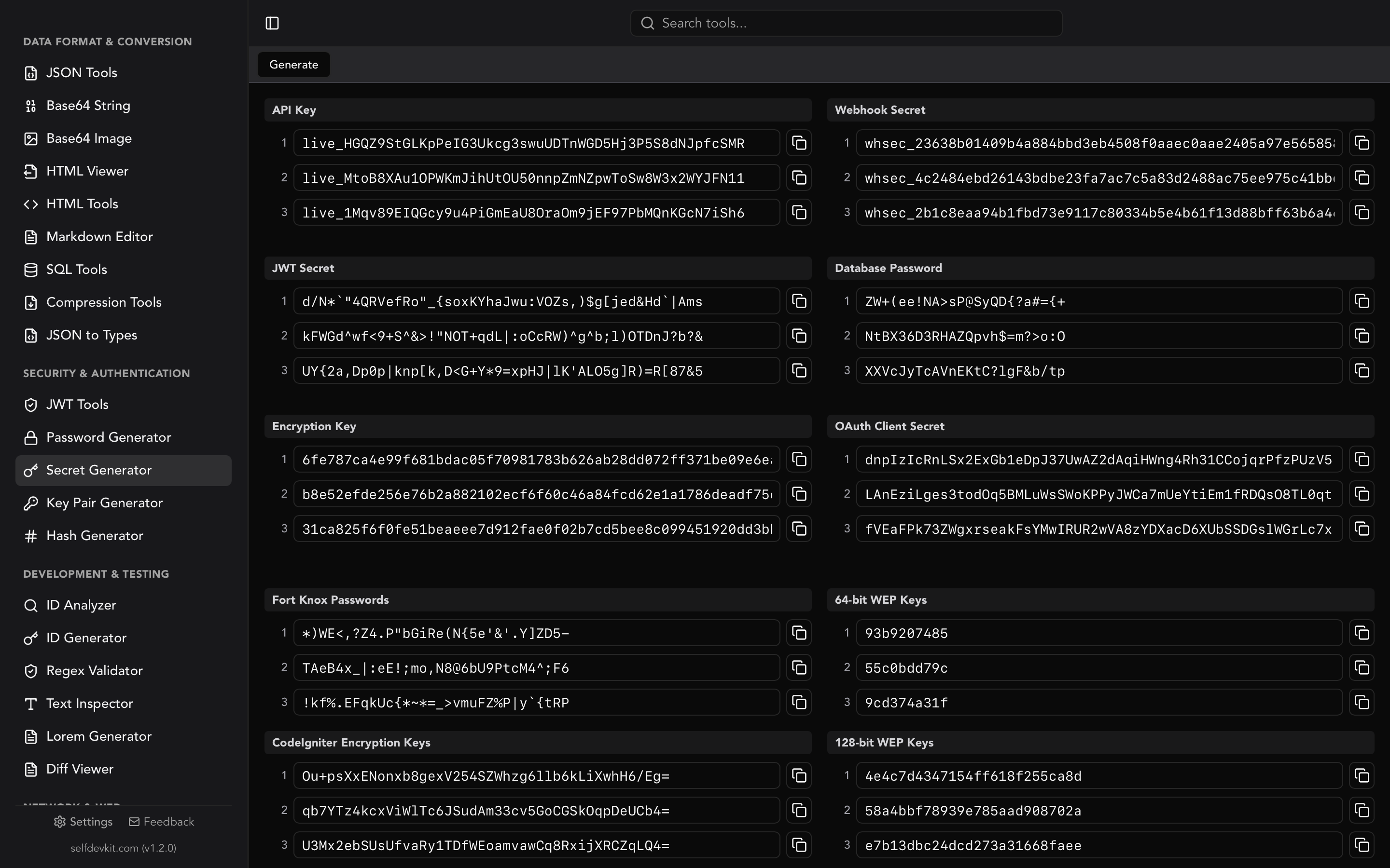 SelfDevKit secret key generator showing JWT secret output with format options and bit-length selector