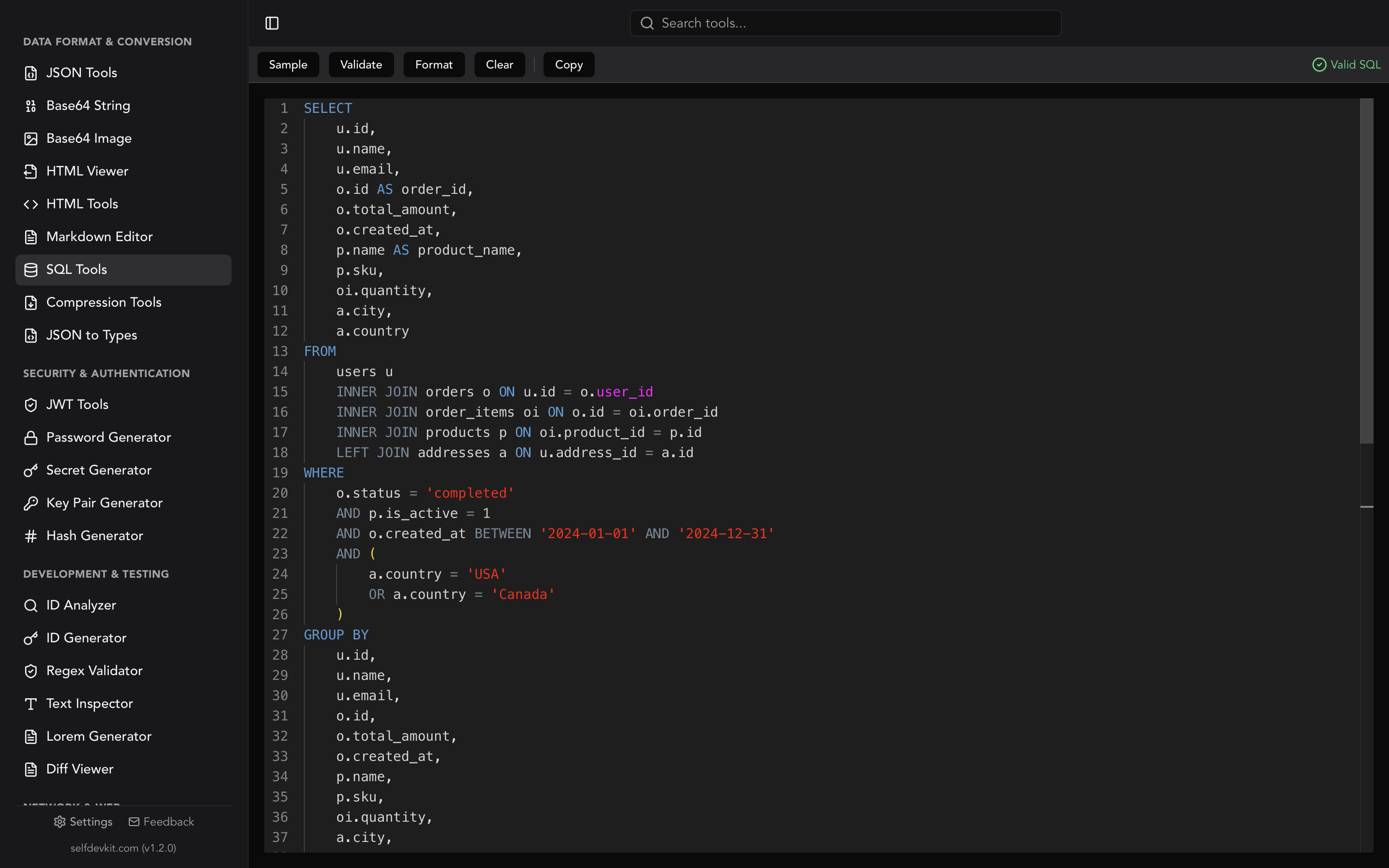 SelfDevKit SQL formatter with syntax highlighting and formatted query output