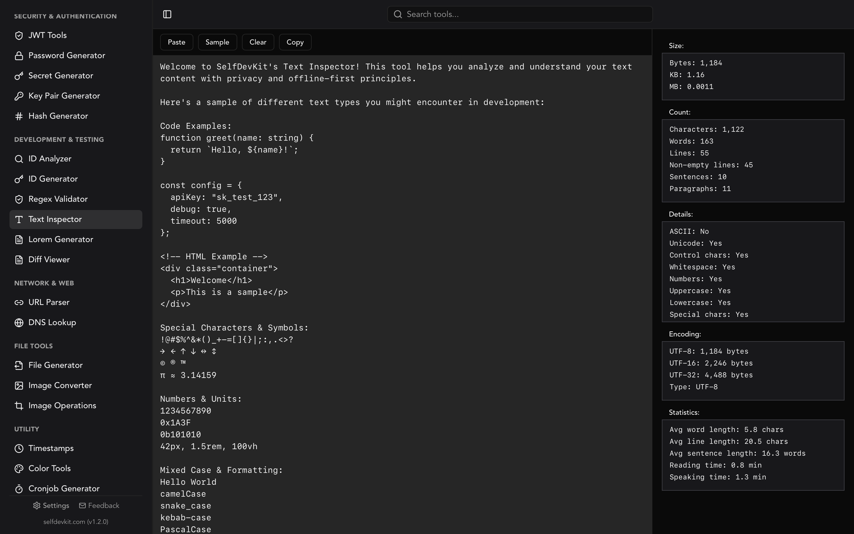 SelfDevKit Text Inspector showing word count, character count, reading time, and encoding details