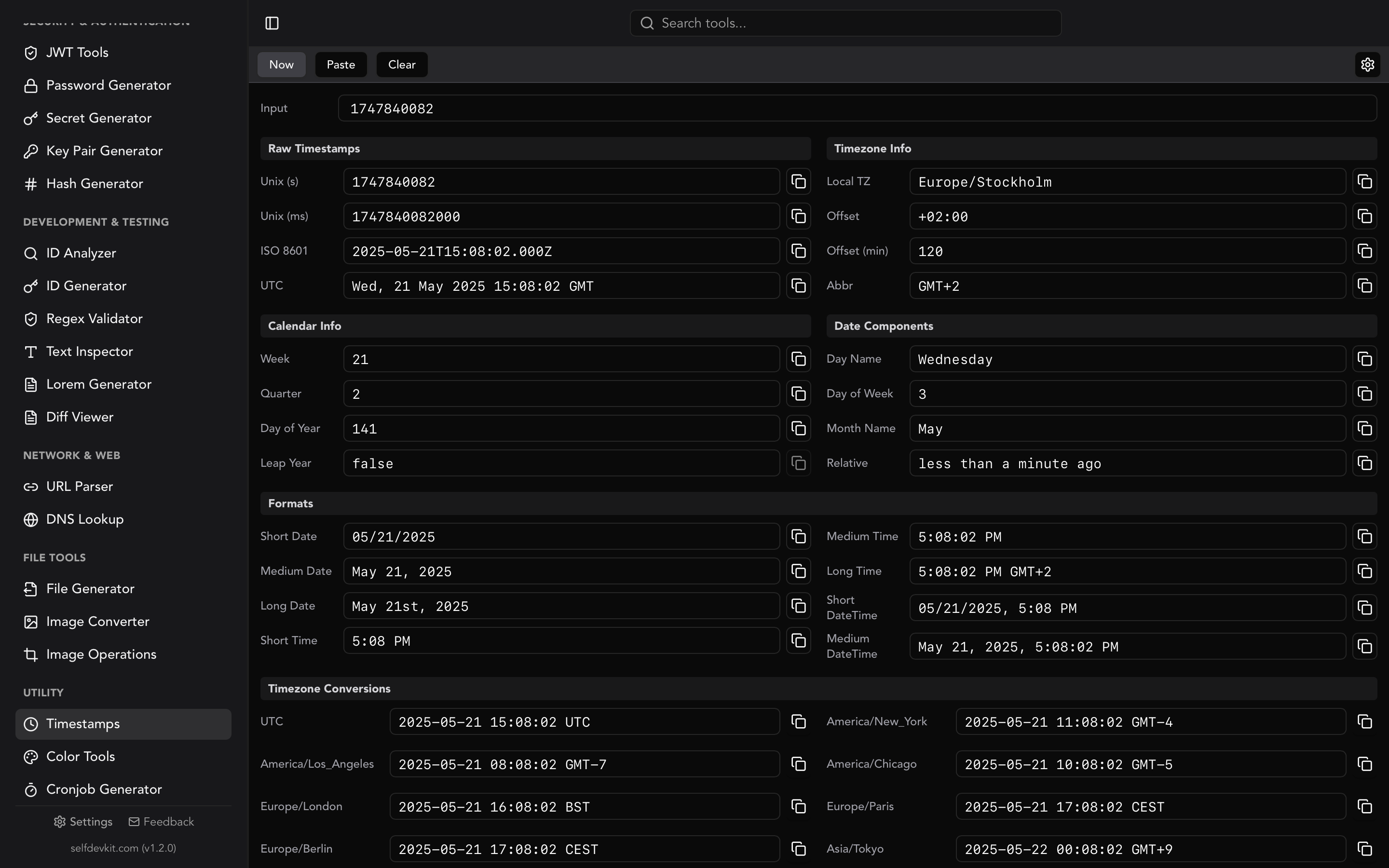 SelfDevKit Unix timestamp converter showing epoch to date conversion with multiple timezone outputs