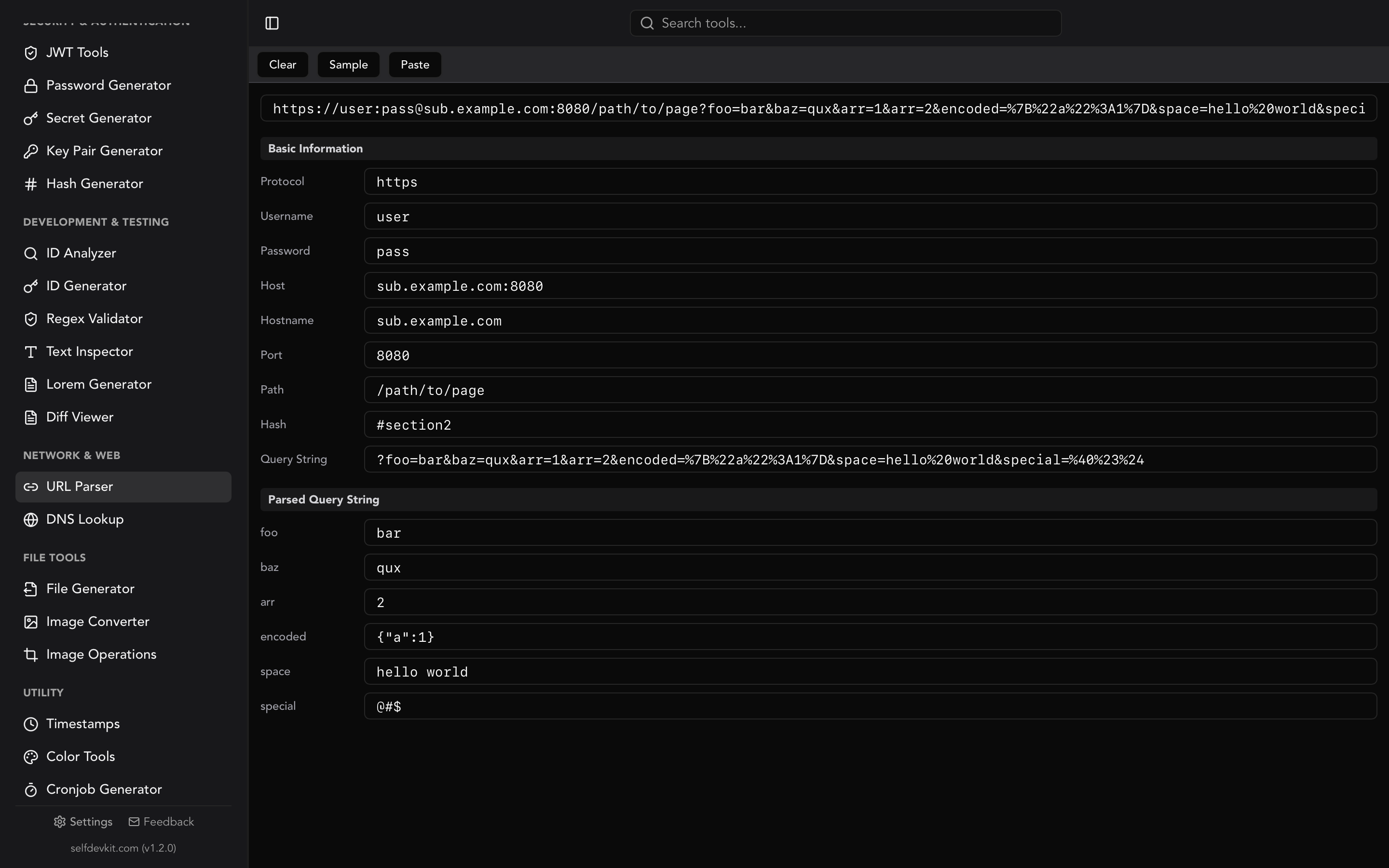 SelfDevKit URL parser showing parsed URL components including protocol, host, path, and query parameters